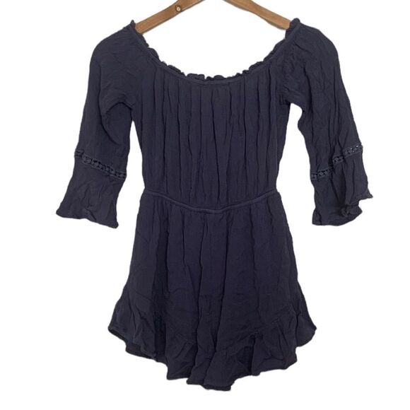 Elegant Unique Celtic Flowy 3/4 Sleeve Navy Blue Romper with Knit Lace Ruffles - Picture 7 of 11